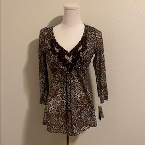 Newport Brown Animal-Print V-Neck Tunic with Embroidered Detail